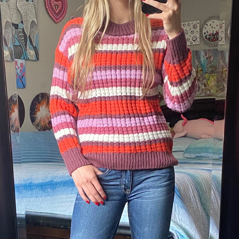 SO XS Colorful Striped Ribbed Knit Sweater